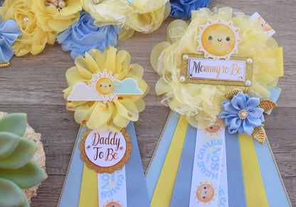 Here Come The Son Baby Shower, Neutral Yellow Ivory Maternity Sash, Mommy To Be Ribbon Badge Pin, Daddy To Be Pin, Here Come The Sun - Celebrations By Cris