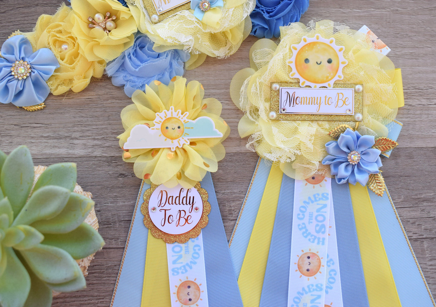 Here Come The Son Baby Shower, Neutral Yellow Ivory Maternity Sash, Mommy To Be Ribbon Badge Pin, Daddy To Be Pin, Here Come The Sun - Celebrations By Cris