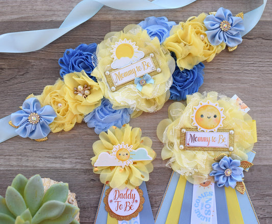 Here Come The Son Baby Shower, Neutral Yellow Ivory Maternity Sash, Mommy To Be Ribbon Badge Pin, Daddy To Be Pin, Here Come The Sun - Celebrations By Cris