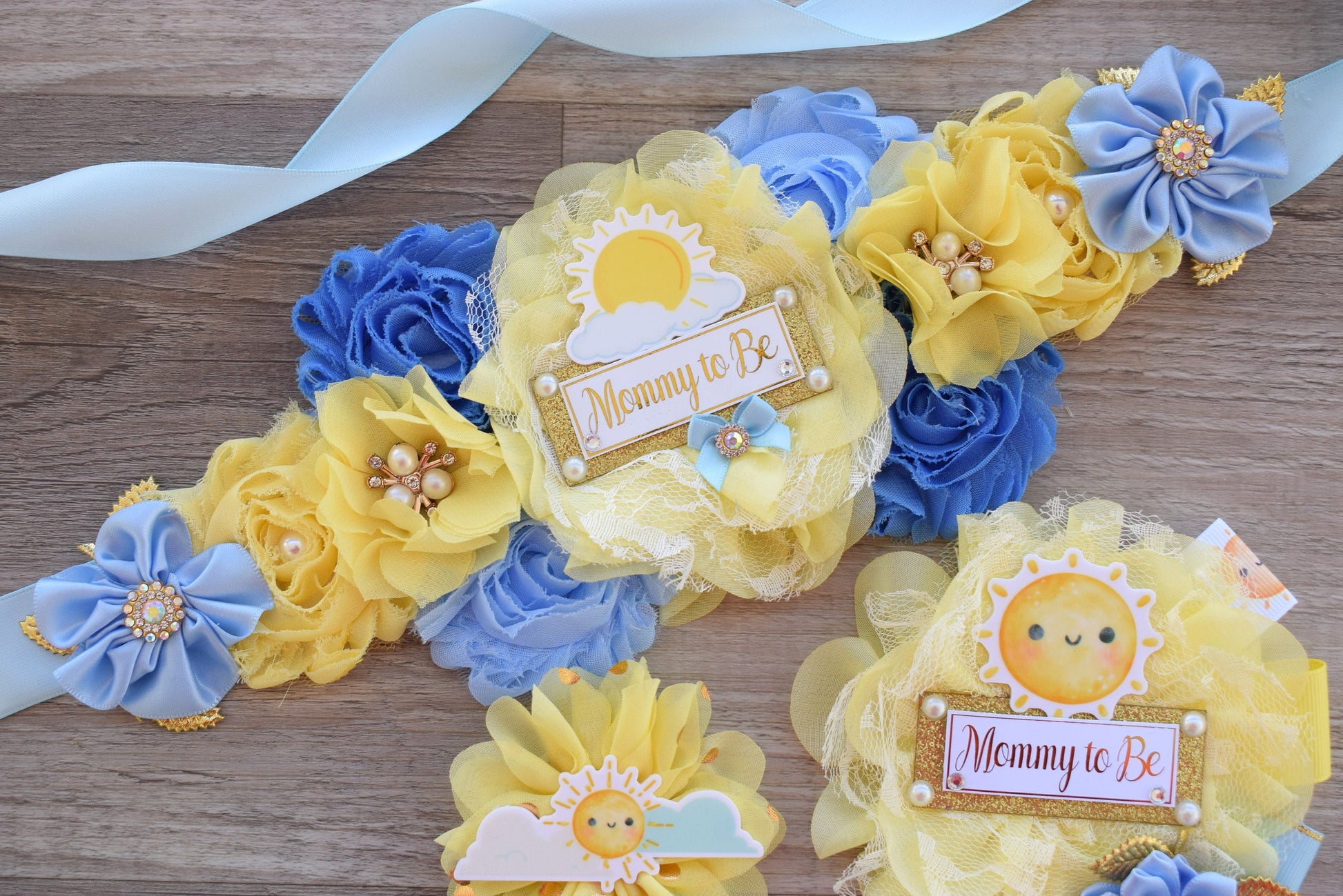 Here Come The Son Baby Shower, Neutral Yellow Ivory Maternity Sash, Mommy To Be Ribbon Badge Pin, Daddy To Be Pin, Here Come The Sun - Celebrations By Cris