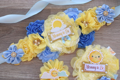 Here Come The Son Baby Shower, Neutral Yellow Ivory Maternity Sash, Mommy To Be Ribbon Badge Pin, Daddy To Be Pin, Here Come The Sun - Celebrations By Cris