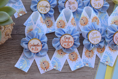 Here Come The Son Baby Shower, Neutral Yellow Ivory Maternity Sash, Mommy To Be Ribbon Badge Pin, Daddy To Be Pin, Here Come The Sun - Celebrations By Cris