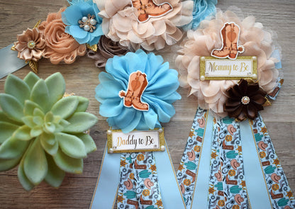 Blue Cowboy Baby Shower, Blue Cowboy Maternity Sash, Boy Cowboy Mommy and Daddy To Be Pin, Blue Brown Flower Sash, Blue Boot Hat Corsage Pin - Celebrations By Cris