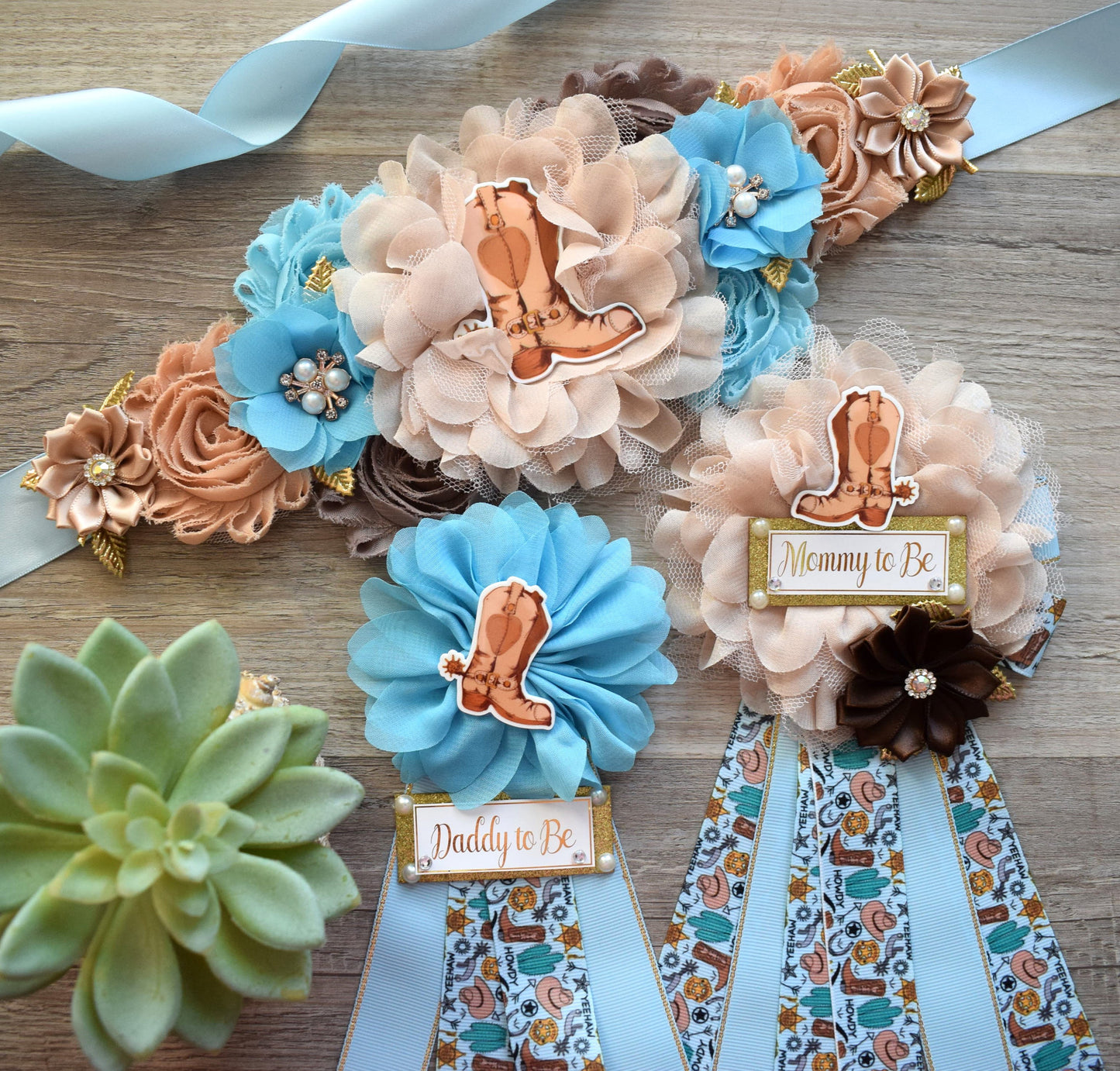 Blue Cowboy Baby Shower, Blue Cowboy Maternity Sash, Boy Cowboy Mommy and Daddy To Be Pin, Blue Brown Flower Sash, Blue Boot Hat Corsage Pin - Celebrations By Cris