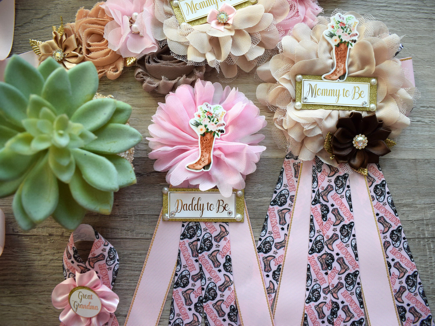 Pink Cowgirl Baby Shower, Pink Brown Cowboy Maternity Sash, Gender Reveal Cowboy Mommy To Be Ribbon, Daddy To Be Pin, Boot Hat Corsage Pin - Celebrations By Cris