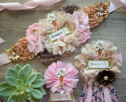 Pink Cowgirl Baby Shower, Pink Brown Cowboy Maternity Sash, Gender Reveal Cowboy Mommy To Be Ribbon, Daddy To Be Pin, Boot Hat Corsage Pin - Celebrations By Cris