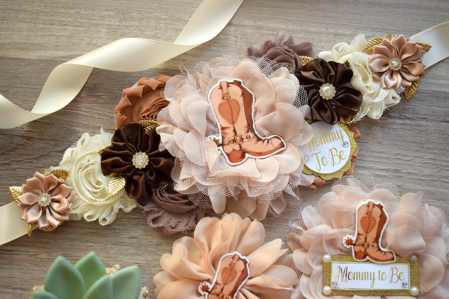 Neutral Cowboy Baby Shower, Rustic Tan Brown Cowboy Maternity Sash, Gender Reveal Mommy To Be Ribbon, Daddy To Be Pin, Boot Hat Corsage Pin - Celebrations By Cris