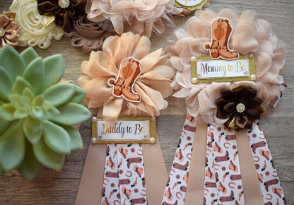 Neutral Cowboy Baby Shower, Rustic Tan Brown Cowboy Maternity Sash, Gender Reveal Mommy To Be Ribbon, Daddy To Be Pin, Boot Hat Corsage Pin - Celebrations By Cris