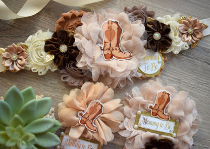 Neutral Cowboy Baby Shower, Rustic Tan Brown Cowboy Maternity Sash, Gender Reveal Mommy To Be Ribbon, Daddy To Be Pin, Boot Hat Corsage Pin - Celebrations By Cris