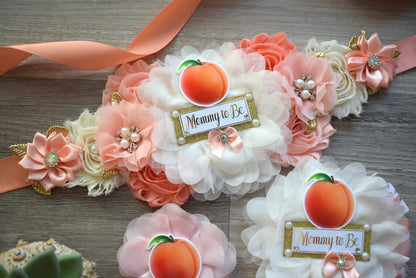 A Little Peach Baby Shower, Peach Flower Sash, Fruit Peach Maternity Sash, A Little Cutie Coral Mommy To Be Pin, Daddy To Be Pin, Family Pin - Celebrations By Cris