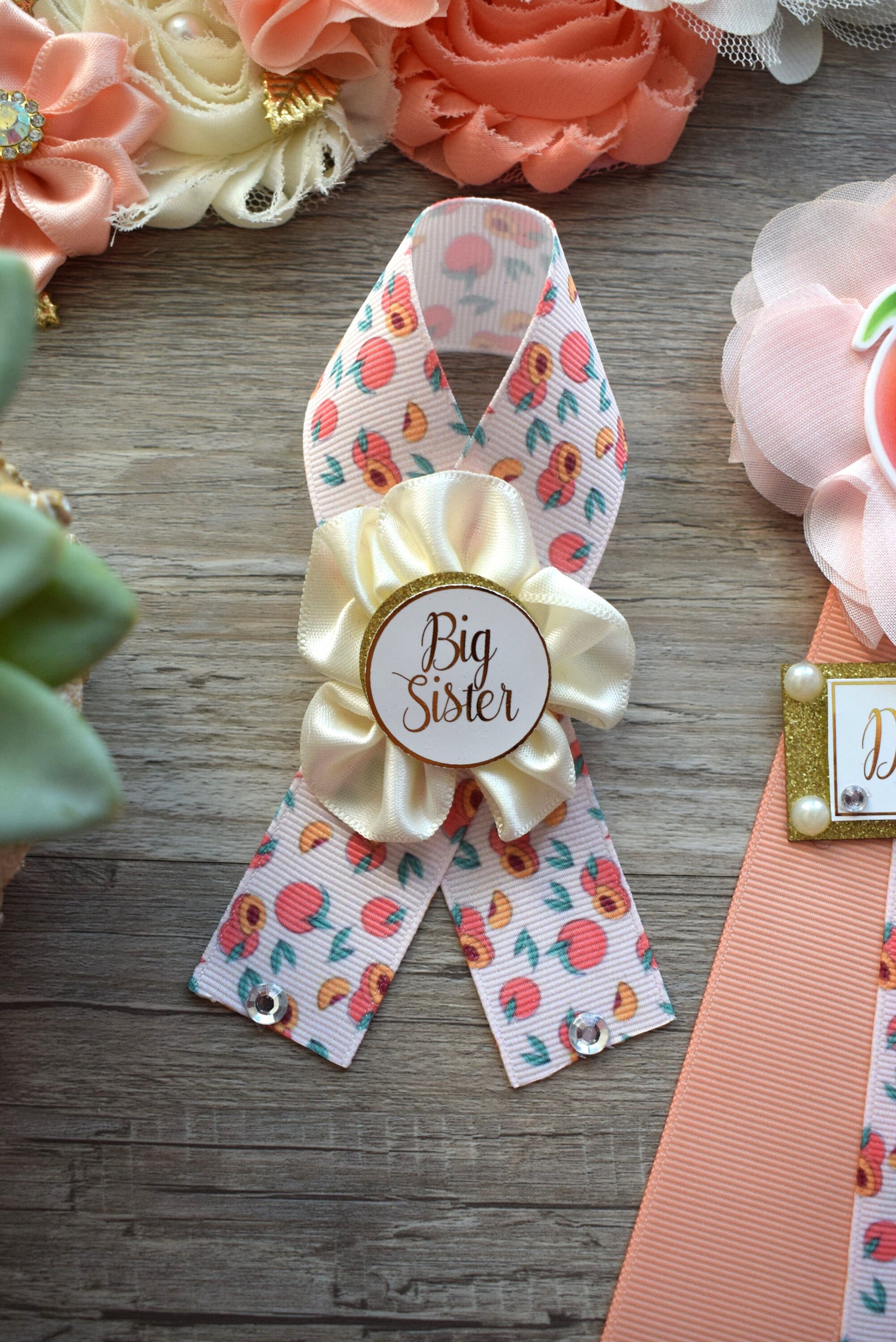 A Little Peach Baby Shower, Peach Flower Sash, Fruit Peach Maternity Sash, A Little Cutie Coral Mommy To Be Pin, Daddy To Be Pin, Family Pin - Celebrations By Cris