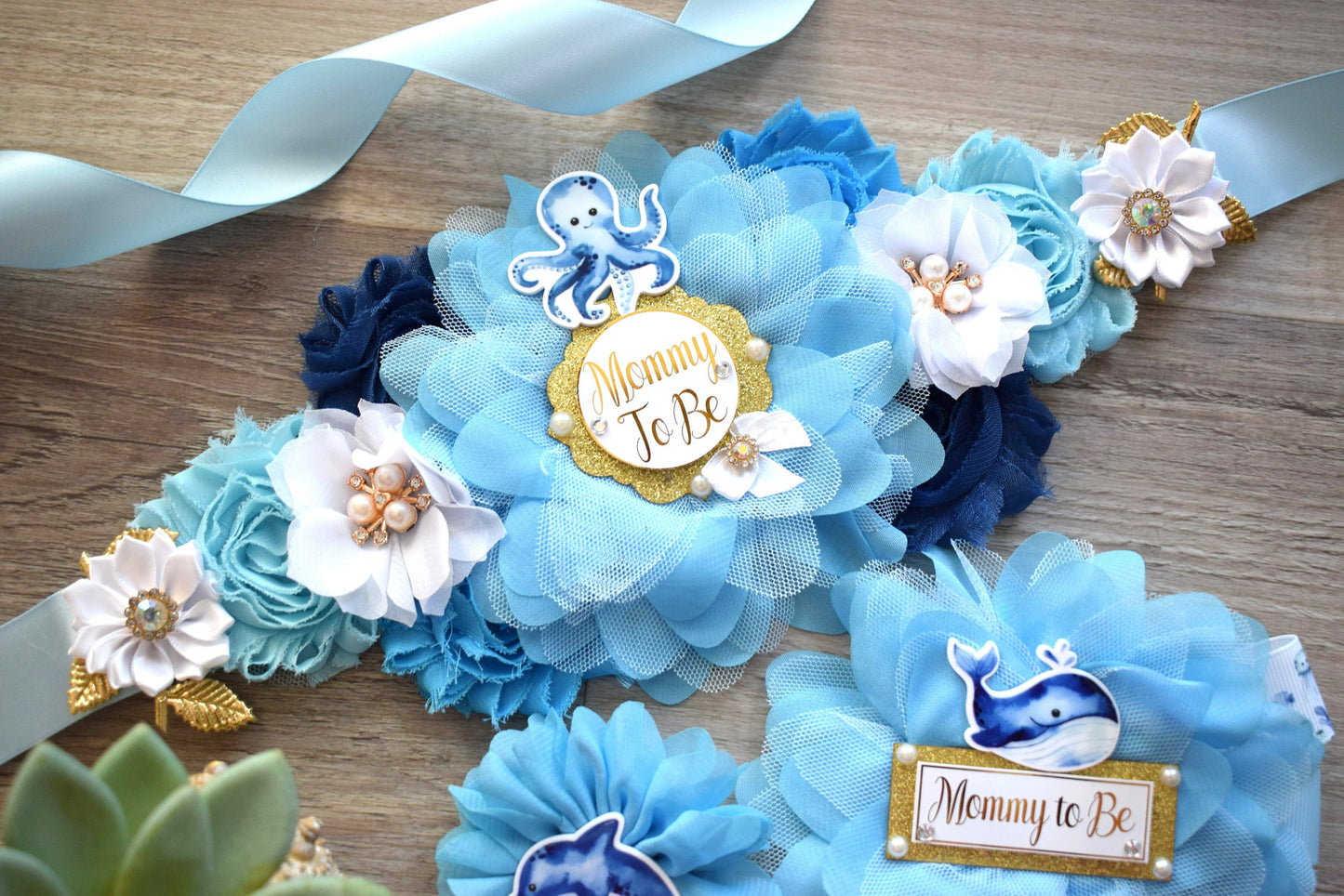 Blue Under The Sea Baby Shower, Turtle Octopus Starfish Aqua Blue Flower Maternity Sash, Under The Sea Mommy To Be Pin, Daddy To Be Pin - Celebrations By Cris