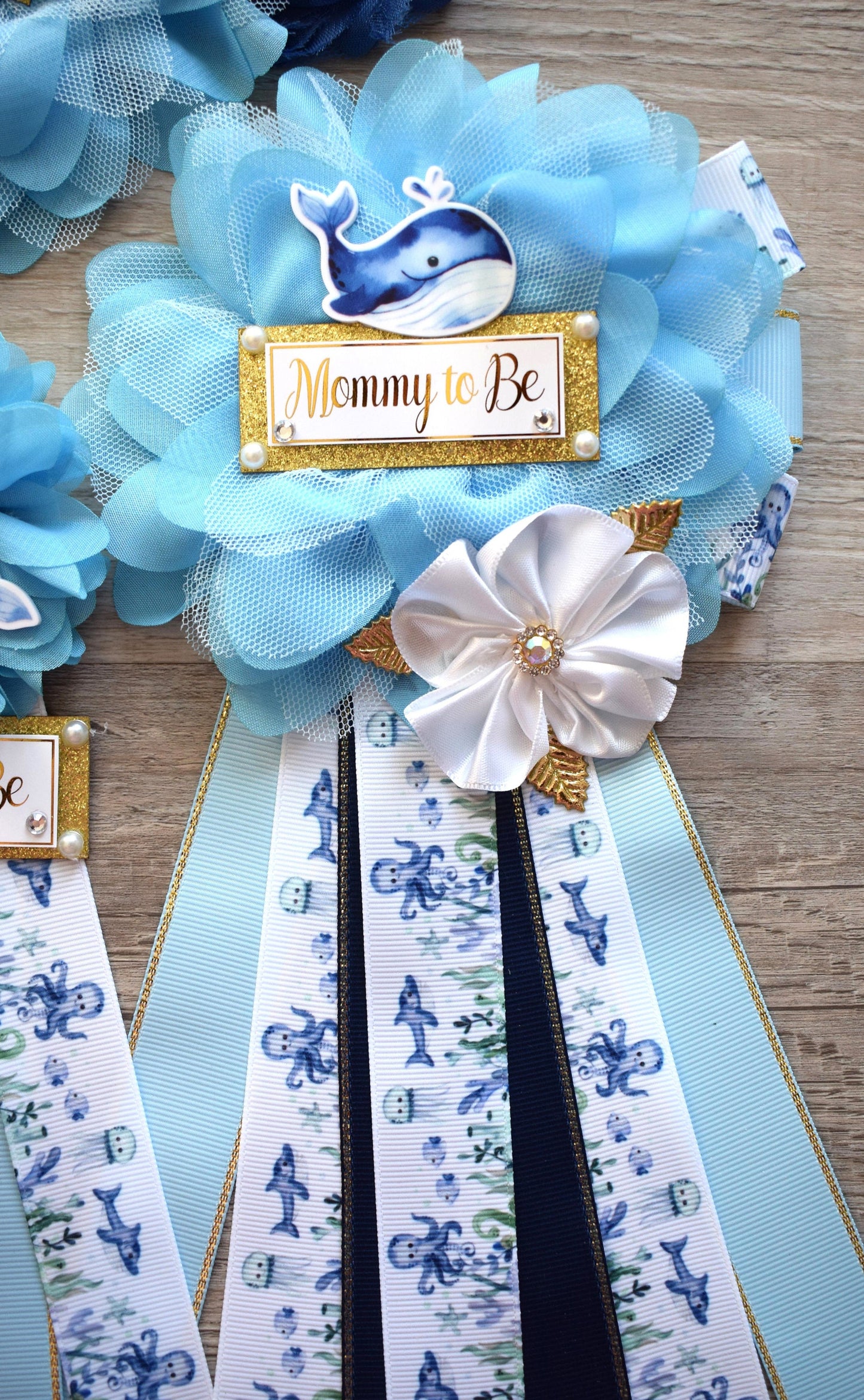 Blue Under The Sea Baby Shower, Turtle Octopus Starfish Aqua Blue Flower Maternity Sash, Under The Sea Mommy To Be Pin, Daddy To Be Pin - Celebrations By Cris