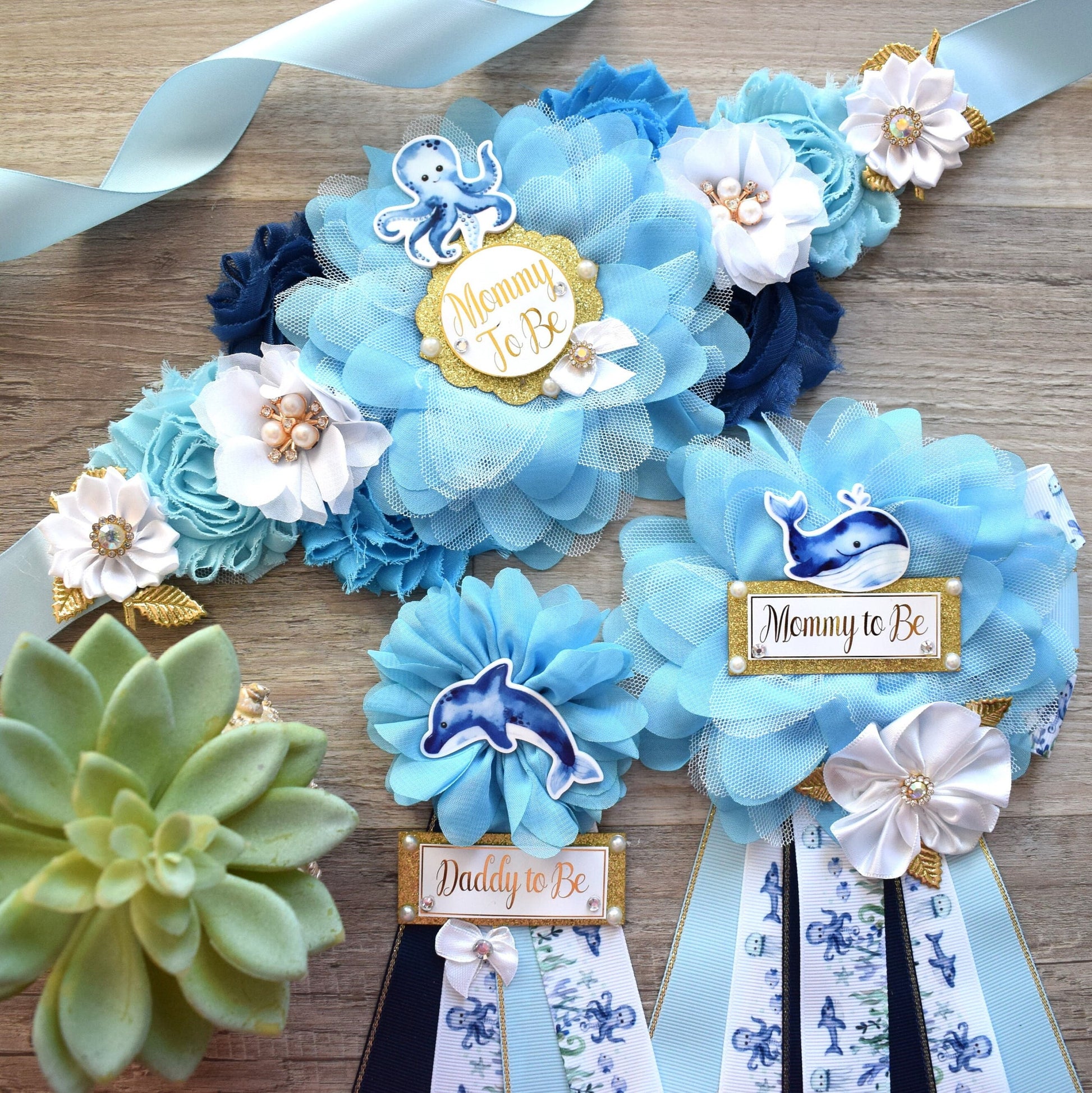 Blue Under The Sea Baby Shower, Turtle Octopus Starfish Aqua Blue Flower Maternity Sash, Under The Sea Mommy To Be Pin, Daddy To Be Pin - Celebrations By Cris