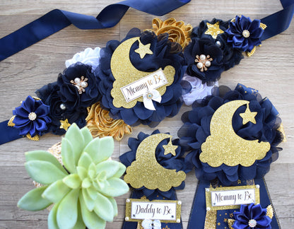 Navy Blue Twinkle Twinkle Little Star Baby Shower, Maternity sash, Navy Blue Gold Twinkle Star Mommy To Be Pin, Twinkle Star Daddy To Be Pin - Celebrations By Cris