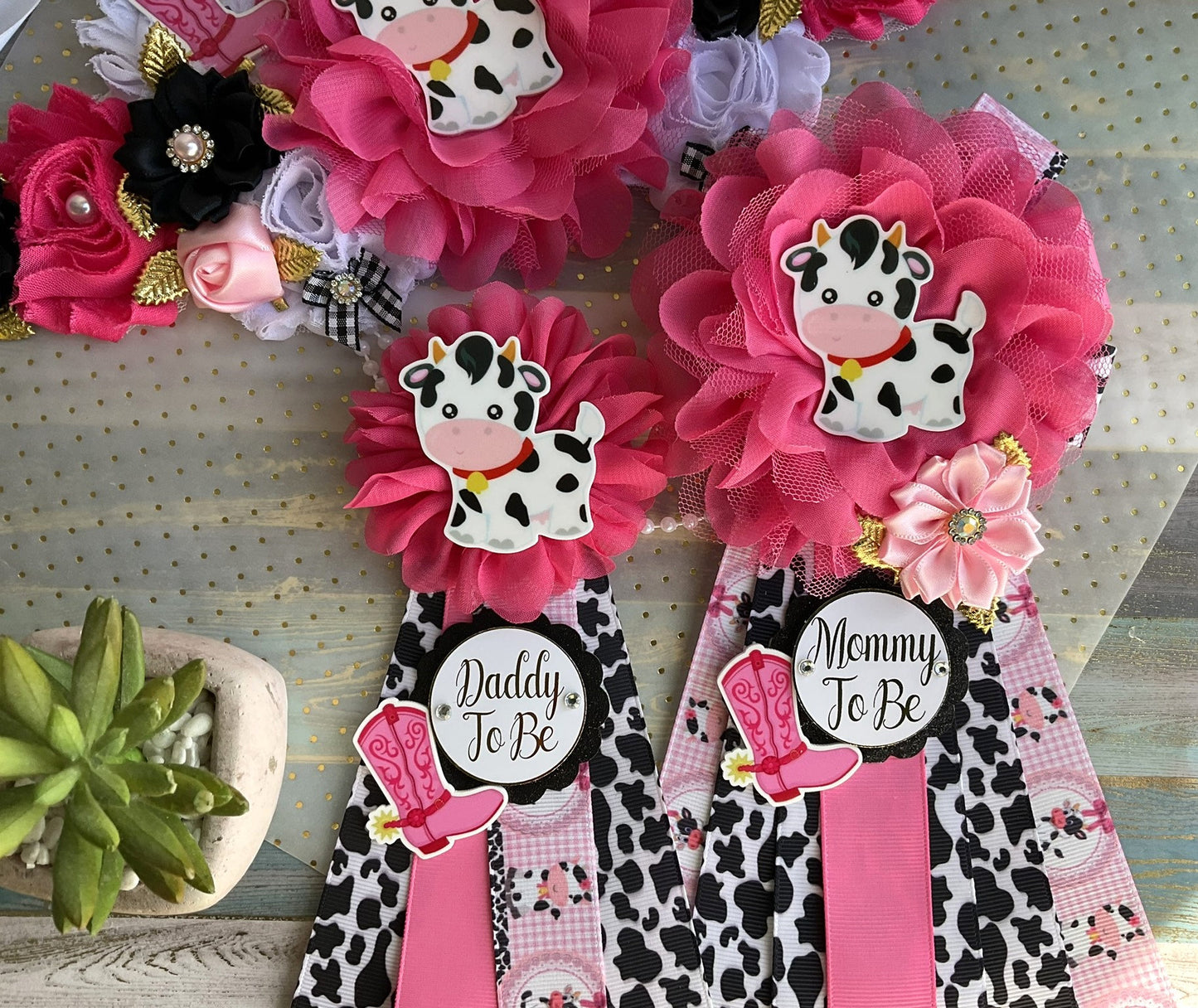 Disco Cowgirl Baby Shower, Cowgirl Maternity Sash, Girl Farm Mommy To Be Ribbon, Daddy To Be Pin, Hot Pink Black White, Baby Shower Gift - Celebrations By Cris