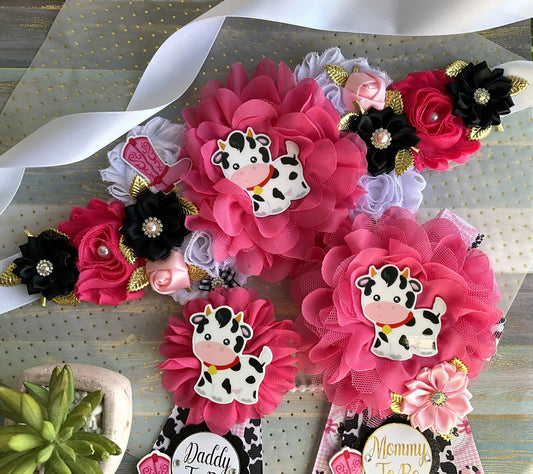 Disco Cowgirl Baby Shower, Cowgirl Maternity Sash, Girl Farm Mommy To Be Ribbon, Daddy To Be Pin, Hot Pink Black White, Baby Shower Gift - Celebrations By Cris