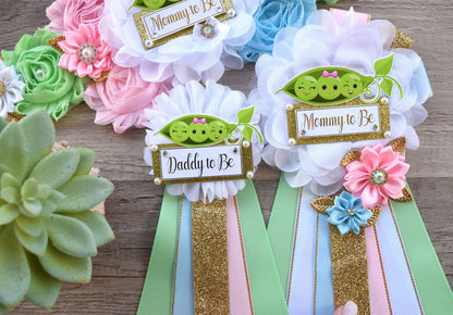 Sweet Pea Baby Shower, Peas In A Pod Twins Baby Shower, Maternity Sash, Girl Boy Mommy To Be Pin, Daddy To Be Pin, Sweet Pea Corsage Pin - Celebrations By Cris