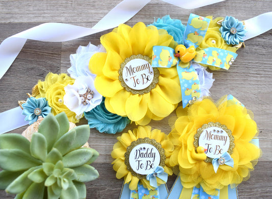 Boy Rubber Duck Baby Shower, Ducky Maternity Sash, Mommy To Be Ribbon, Daddy To Be Corsage Pin, Yellow Blue White Duck Baby Shower Sash