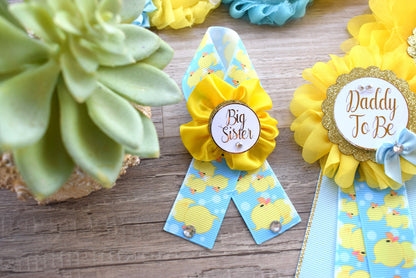 Boy Rubber Duck Baby Shower, Ducky Maternity Sash, Mommy To Be Ribbon, Daddy To Be Corsage Pin, Yellow Blue White Duck Baby Shower Sash