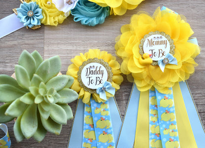 Boy Rubber Duck Baby Shower, Ducky Maternity Sash, Mommy To Be Ribbon, Daddy To Be Corsage Pin, Yellow Blue White Duck Baby Shower Sash