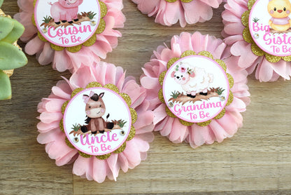 Girl Farm Animal Baby Shower, Barn Animal Baby Shower, Cow Sheep Horse Mommy To Be Ribbon Pin, Farm Daddy To Be Ribbon Pin - S0003 - Celebrations By Cris