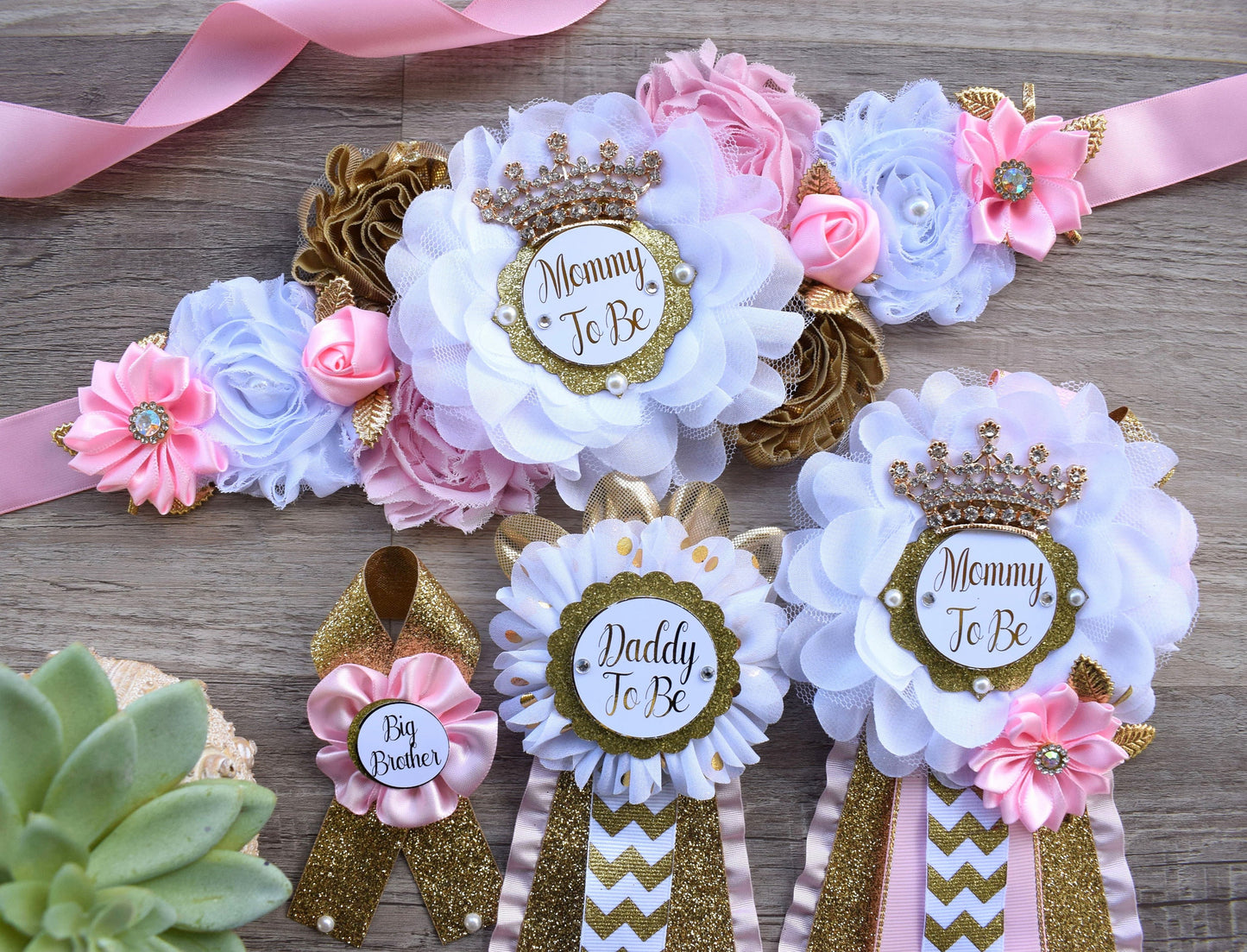 Pink Gold Princess Flower Sash, Pink Gold Maternity Sash, Pink Gold White Mommy To Be Pin, Daddy To Be Pin, Princess Baby Shower, Custom - Celebrations By Cris