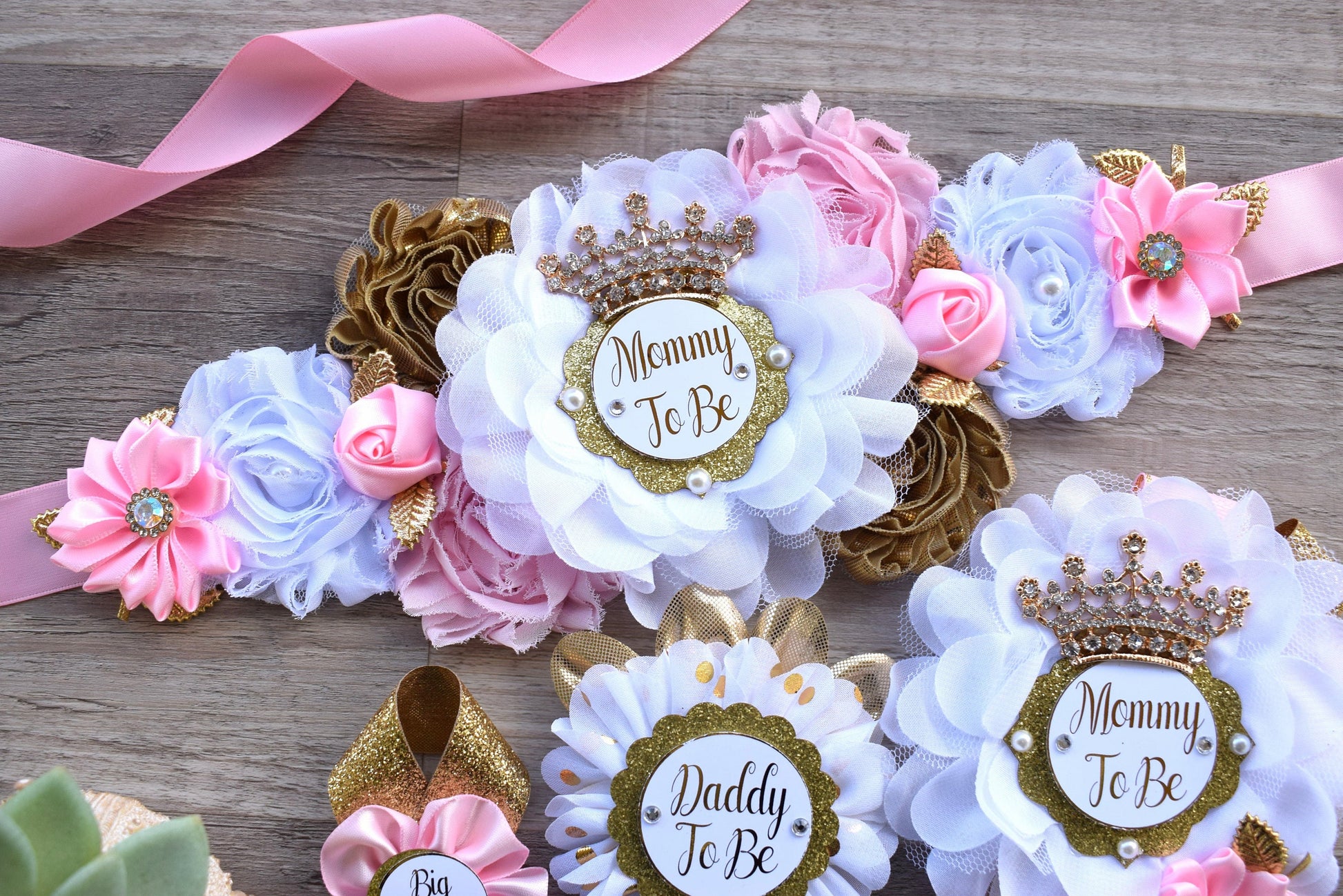 Pink Gold Princess Flower Sash, Pink Gold Maternity Sash, Pink Gold White Mommy To Be Pin, Daddy To Be Pin, Princess Baby Shower, Custom - Celebrations By Cris