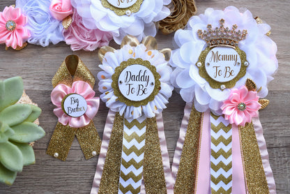 Pink Gold Princess Flower Sash, Pink Gold Maternity Sash, Pink Gold White Mommy To Be Pin, Daddy To Be Pin, Princess Baby Shower, Custom - Celebrations By Cris