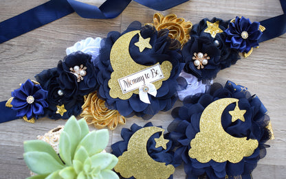 Navy Blue Twinkle Twinkle Little Star Baby Shower, Maternity sash, Navy Blue Gold Twinkle Star Mommy To Be Pin, Twinkle Star Daddy To Be Pin - Celebrations By Cris