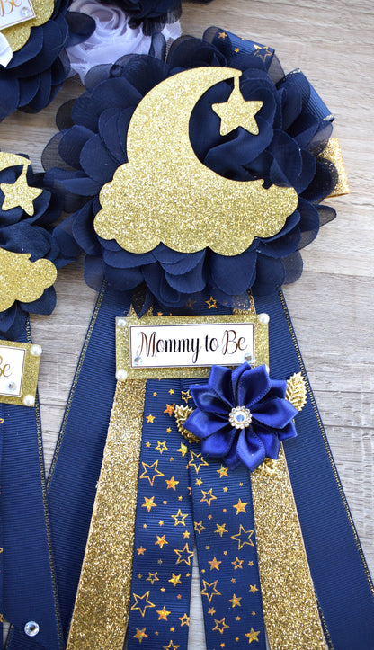 Navy Blue Twinkle Twinkle Little Star Baby Shower, Maternity sash, Navy Blue Gold Twinkle Star Mommy To Be Pin, Twinkle Star Daddy To Be Pin - Celebrations By Cris