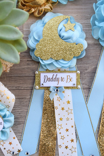 Boy Twinkle Twinkle Little Star Baby Shower, Moon Maternity Sash, Blue White Gold Twinkle Star Mommy To Be Pin, Twinkle Star Daddy To Be Pin - Celebrations By Cris