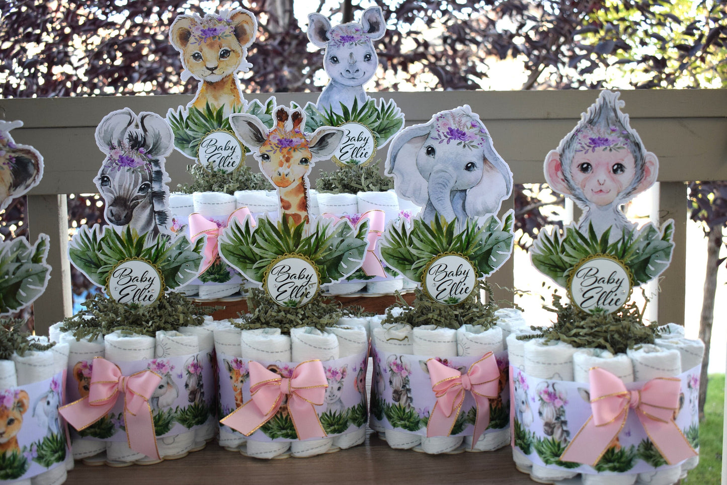 Girl Jungle Safari Mini Diaper Cake Set Baby Shower, Pink And Lavender Baby Shower Centerpieces Decorations, Girls New Mom Gifts - S0002