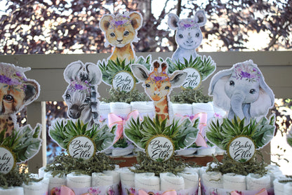 Girl Jungle Safari Mini Diaper Cake Set Baby Shower, Pink And Lavender Baby Shower Centerpieces Decorations, Girls New Mom Gifts - S0002