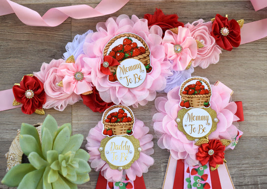 Strawberry Baby Shower, Girl Red Stawberry Maternity Sash, Mommy To Be Ribbon Pin, Daddy To Be Pin, Fruit Baby Shower, Custom - Celebrations By Cris