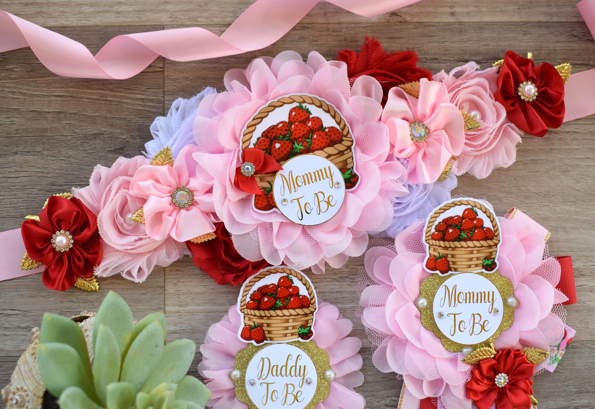 Strawberry Baby Shower, Girl Red Stawberry Maternity Sash, Mommy To Be Ribbon Pin, Daddy To Be Pin, Fruit Baby Shower, Custom - Celebrations By Cris