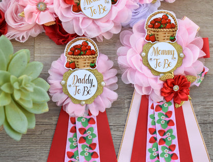 Strawberry Baby Shower, Girl Red Stawberry Maternity Sash, Mommy To Be Ribbon Pin, Daddy To Be Pin, Fruit Baby Shower, Custom - Celebrations By Cris