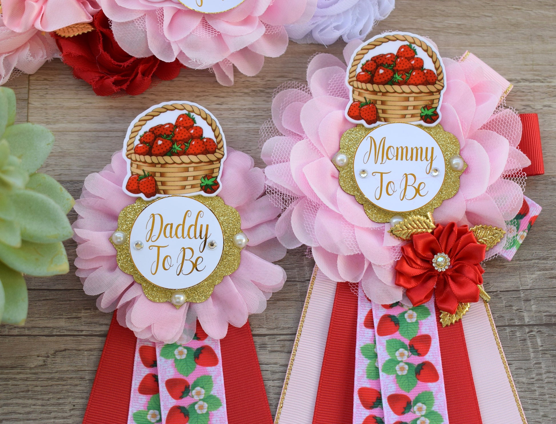 Strawberry Baby Shower, Girl Red Stawberry Maternity Sash, Mommy To Be Ribbon Pin, Daddy To Be Pin, Fruit Baby Shower, Custom - Celebrations By Cris