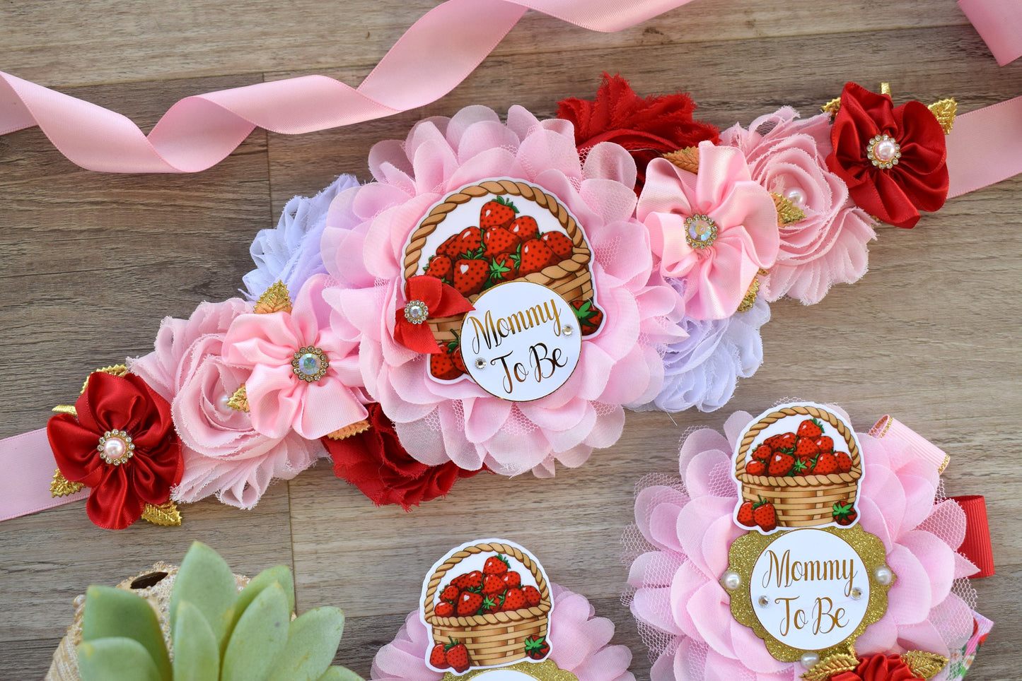 Strawberry Baby Shower, Girl Red Stawberry Maternity Sash, Mommy To Be Ribbon Pin, Daddy To Be Pin, Fruit Baby Shower, Custom - Celebrations By Cris