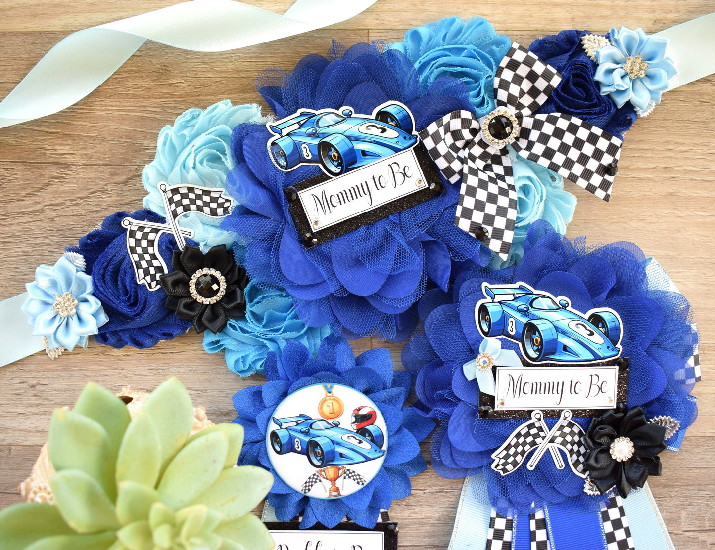 Boy Race Car Baby Shower, Blue Racing Car Maternity Sash, Mommy to Be Ribbon Pin, Daddy To Be Pin, Baby Shower Gift, Custom Sash - Celebrations By Cris