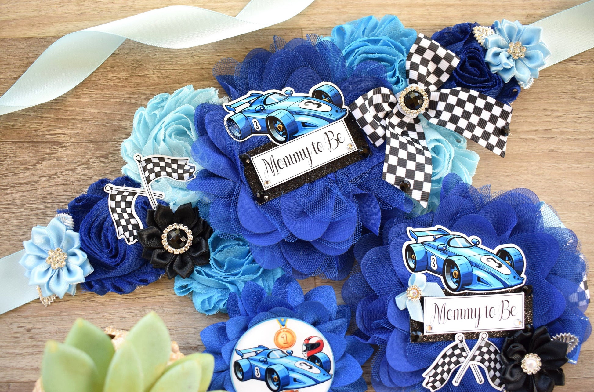 Boy Race Car Baby Shower, Blue Racing Car Maternity Sash, Mommy to Be Ribbon Pin, Daddy To Be Pin, Baby Shower Gift, Custom Sash - Celebrations By Cris