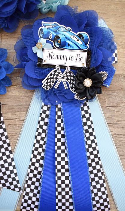 Boy Race Car Baby Shower, Blue Racing Car Maternity Sash, Mommy to Be Ribbon Pin, Daddy To Be Pin, Baby Shower Gift, Custom Sash - Celebrations By Cris