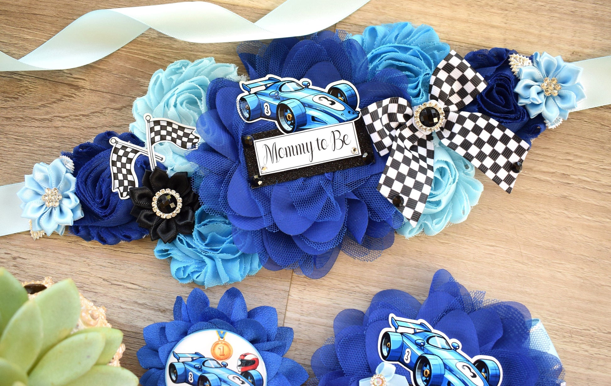 Boy Race Car Baby Shower, Blue Racing Car Maternity Sash, Mommy to Be Ribbon Pin, Daddy To Be Pin, Baby Shower Gift, Custom Sash - Celebrations By Cris