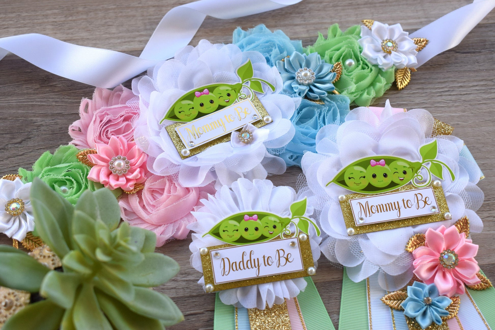 Sweet Pea Baby Shower, Peas In A Pod Twins Baby Shower, Maternity Sash, Girl Boy Mommy To Be Pin, Daddy To Be Pin, Sweet Pea Corsage Pin - Celebrations By Cris