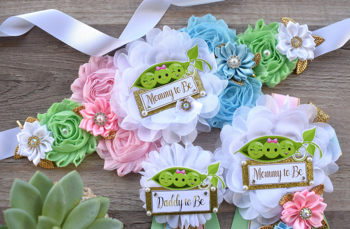 Sweet Pea Baby Shower, Peas In A Pod Twins Baby Shower, Maternity Sash, Girl Boy Mommy To Be Pin, Daddy To Be Pin, Sweet Pea Corsage Pin - Celebrations By Cris