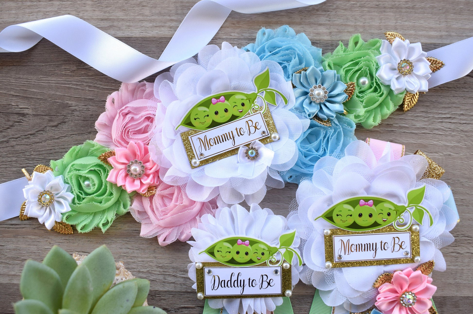 Sweet Pea Baby Shower, Peas In A Pod Twins Baby Shower, Maternity Sash, Girl Boy Mommy To Be Pin, Daddy To Be Pin, Sweet Pea Corsage Pin - Celebrations By Cris