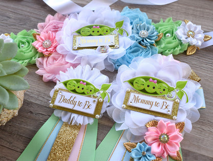 Sweet Pea Baby Shower, Peas In A Pod Twins Baby Shower, Maternity Sash, Girl Boy Mommy To Be Pin, Daddy To Be Pin, Sweet Pea Corsage Pin - Celebrations By Cris