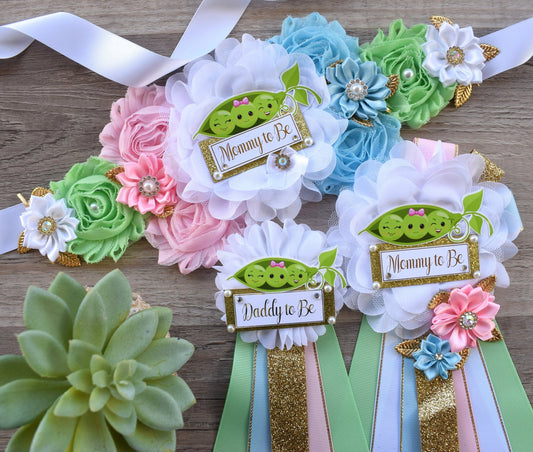 Sweet Pea Baby Shower, Peas In A Pod Twins Baby Shower, Maternity Sash, Girl Boy Mommy To Be Pin, Daddy To Be Pin, Sweet Pea Corsage Pin - Celebrations By Cris