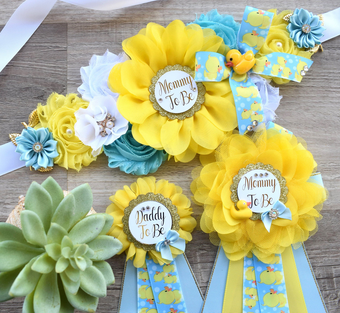 Boy Rubber Duck Baby Shower, Ducky Maternity Sash, Mommy To Be Ribbon, Daddy To Be Corsage Pin, Yellow Blue White Duck Baby Shower Sash