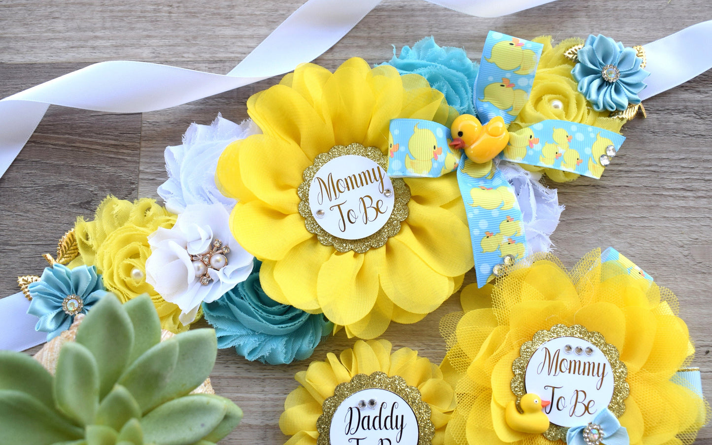 Boy Rubber Duck Baby Shower, Ducky Maternity Sash, Mommy To Be Ribbon, Daddy To Be Corsage Pin, Yellow Blue White Duck Baby Shower Sash